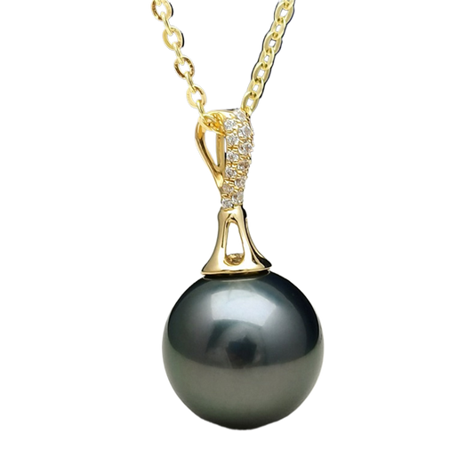 Elegant Black Pearl Pendant 18K Necklace 11～12mm