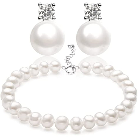 Pearlsays Natural Pearl 925 Sterling Silver Bracelets and CZ 925 Sterling Silver Stud Earrings