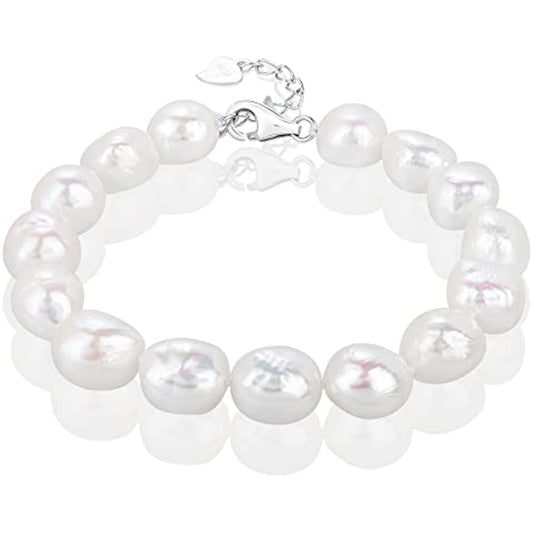 Pearlsays 925 Sterling Silver 9mm Baroque Natural Pearl Bracelets for Women Handpicked Real White Cultured Freshwater Pearl Strand Bracelet Handmade Birthstone June Charm Gifts