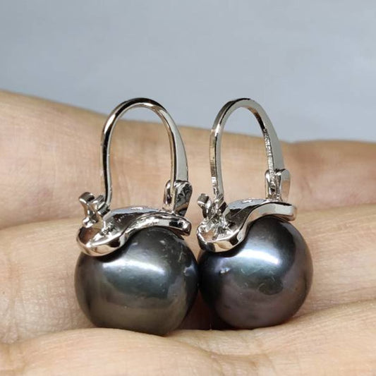 S925 AAA+ 11-12mm Australian South Sea Black Pearl Drop Earrings Exceptional Special Gift